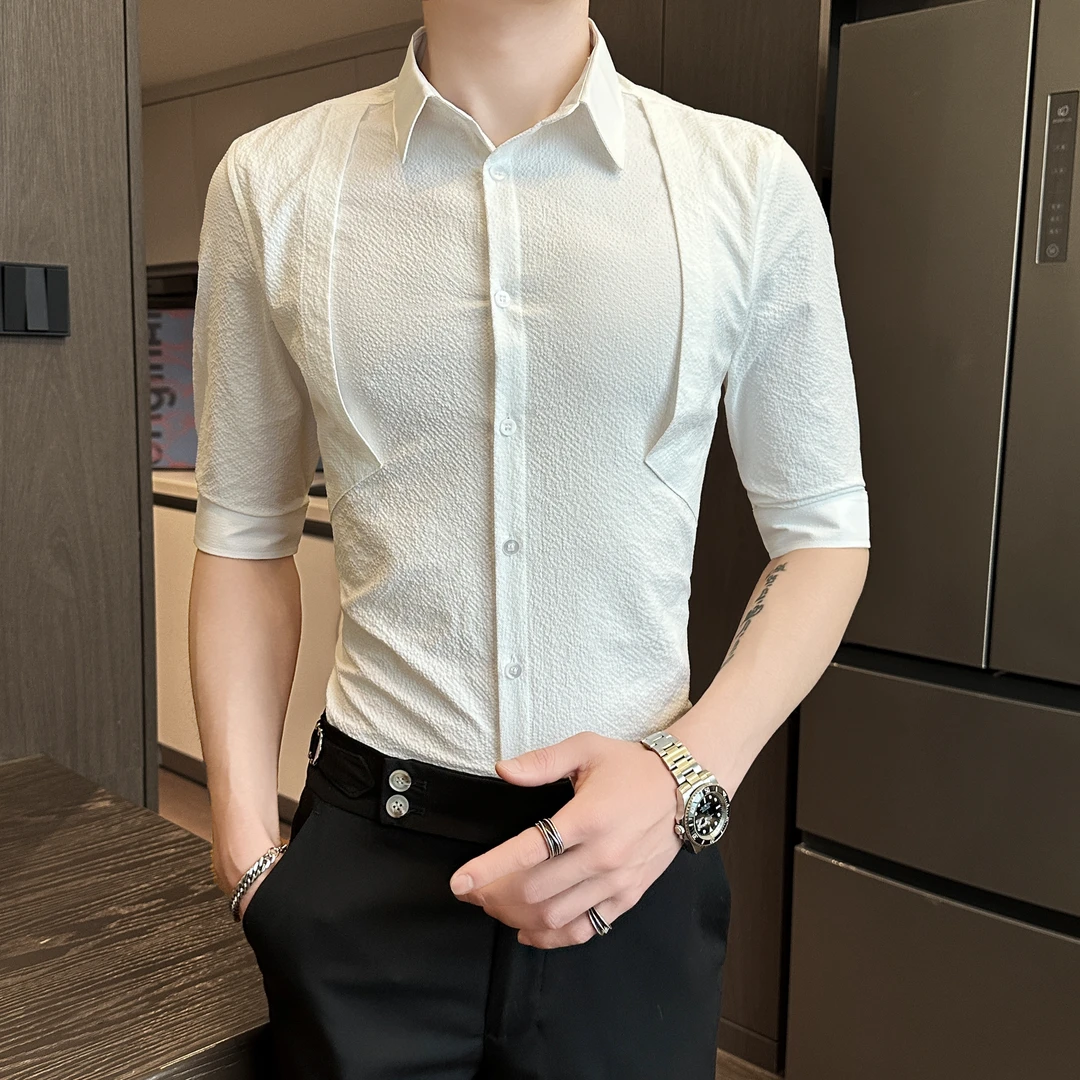 2025夏季新款拼接短袖衬衫男高级感潮流修身痞帅休闲七分中袖衬衣