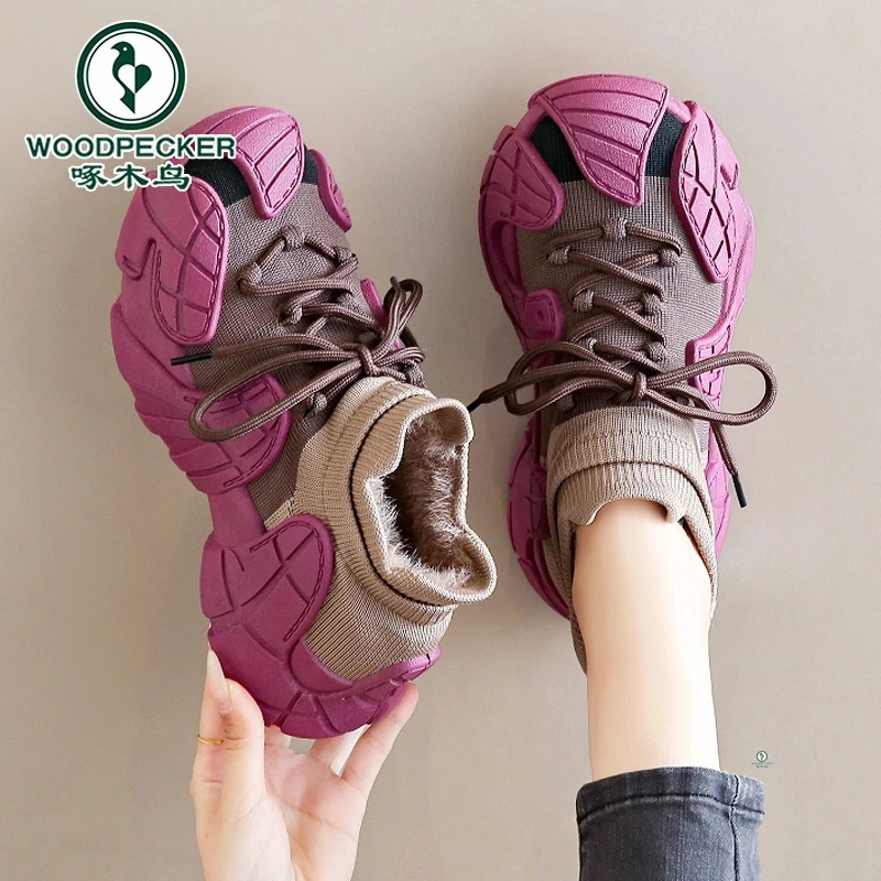 啄木鸟老爹鞋女2025新款冬季加绒运动棉鞋软底不累脚八爪鱼袜子鞋