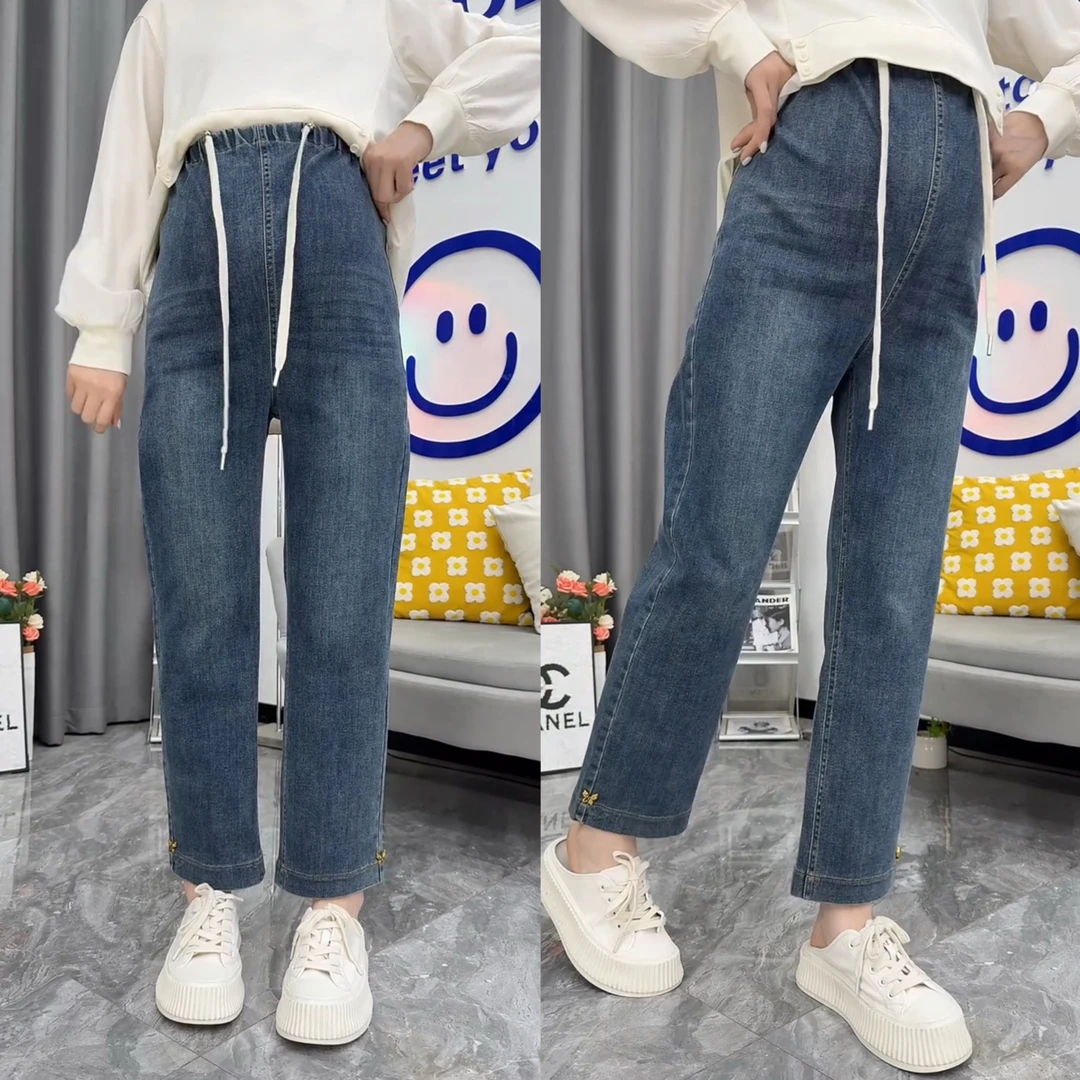 孕妇牛仔裤春秋时尚外穿抽绳九分直筒裤打底小个子显瘦显高烟管裤