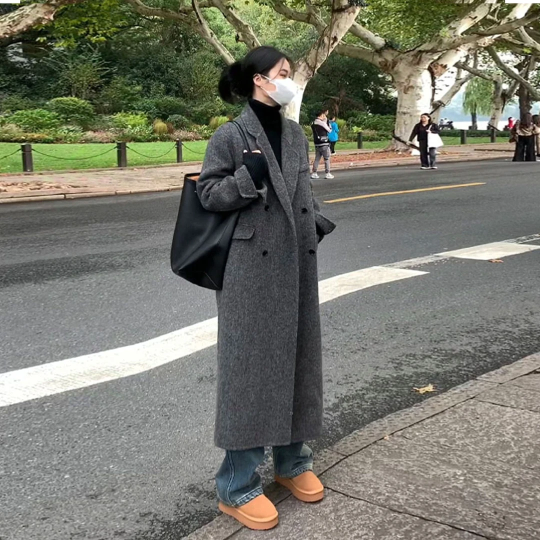 灰色呢子大衣女秋冬高级感2025新款小个子中长款加厚韩版毛呢外套