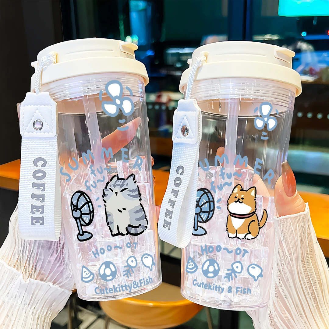 夏日小猫夏季大容量水杯新款运动便携男女学生塑料防摔双饮杯子