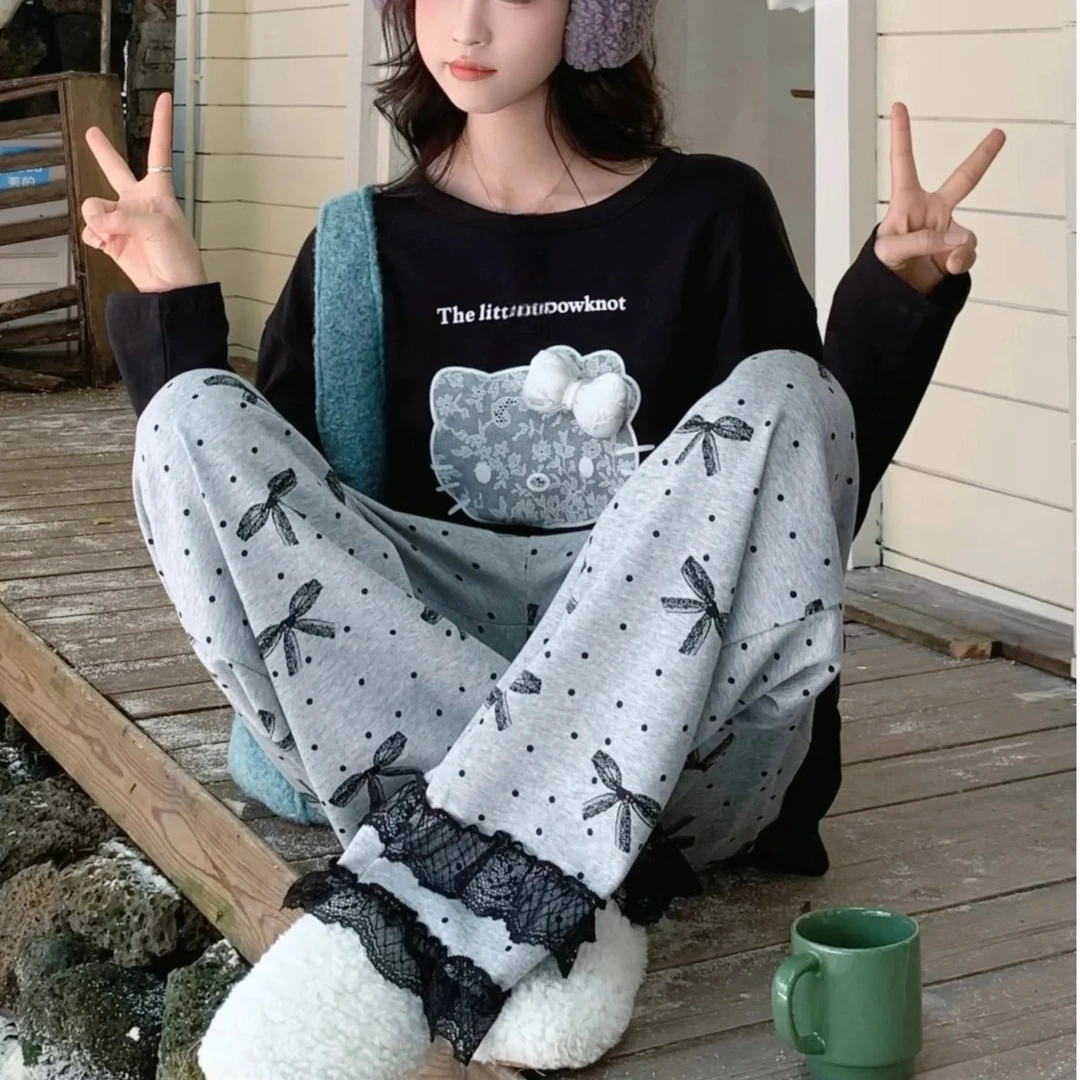 少女甜美可爱卡通睡衣女春秋新款蕾丝花边蝴蝶结长袖长裤家居服