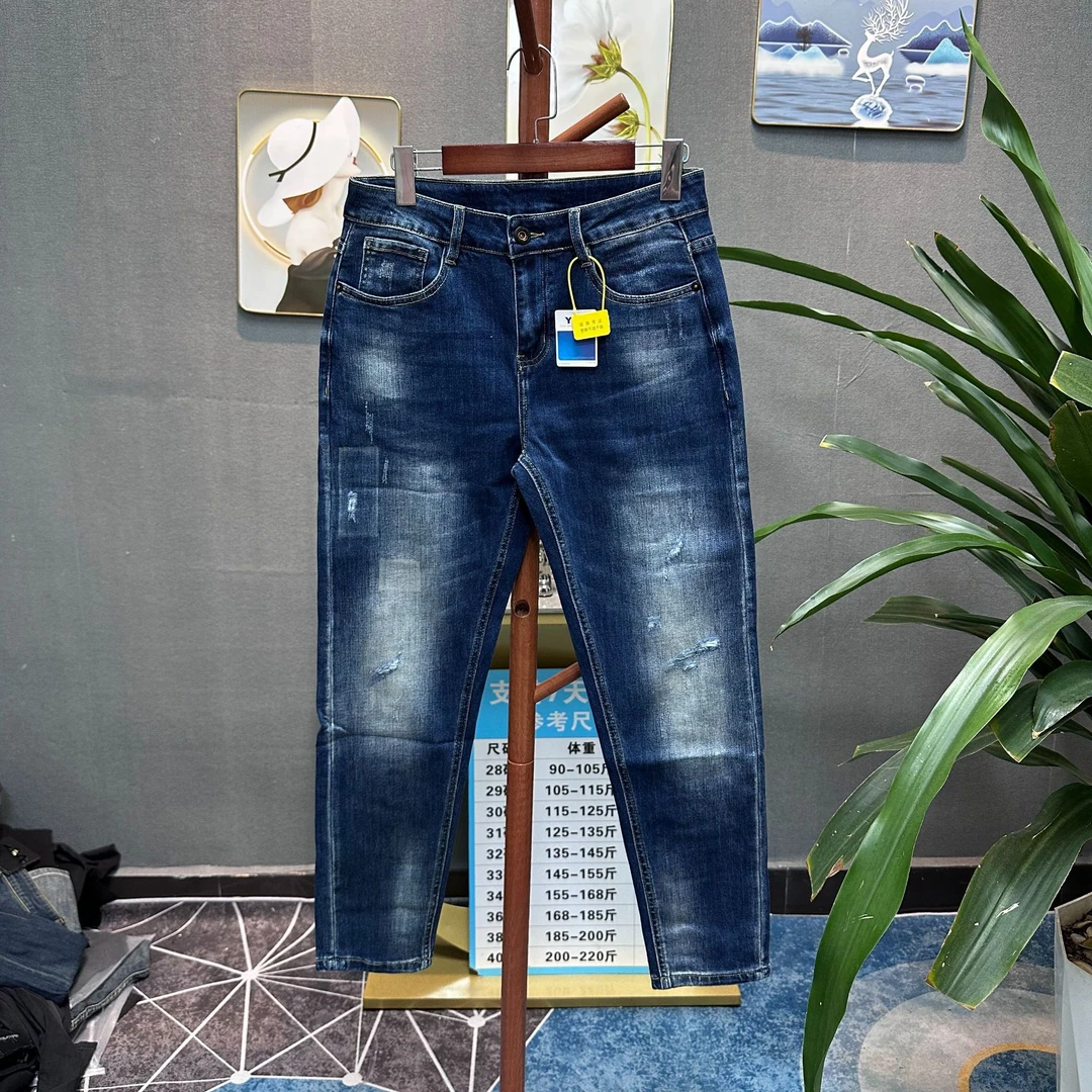 （九分/长裤）破洞复古怀旧蓝重工微锥修身小直筒男装牛仔裤长裤子