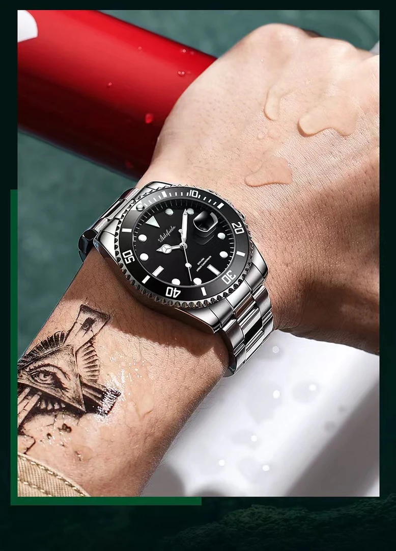 经典黑水鬼手表男士大背透夜显防水日历潮流时尚腕表-H