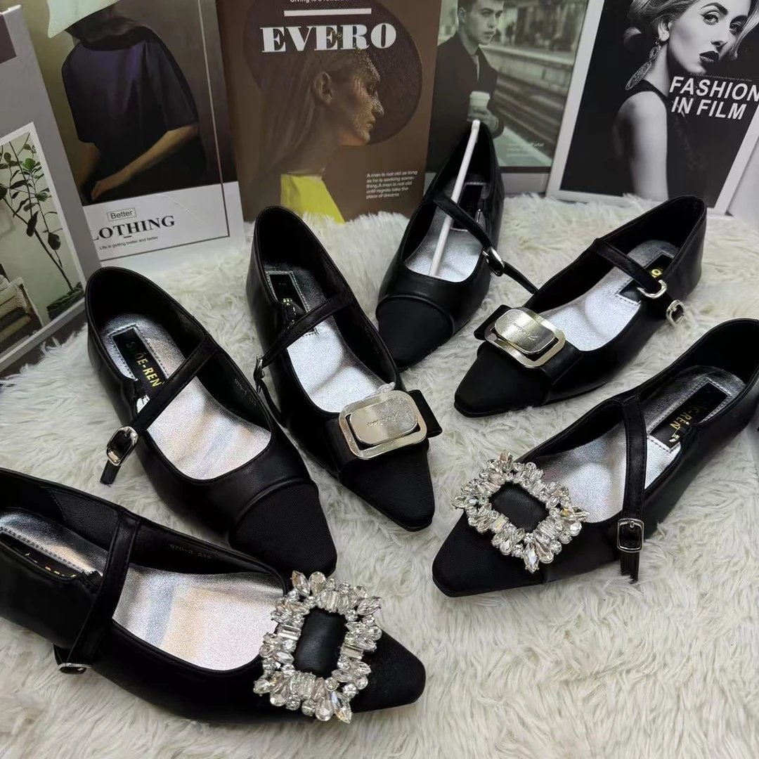 970时尚气质法式平底方头拼接单鞋玛丽珍鞋软底小皮低跟女鞋百搭