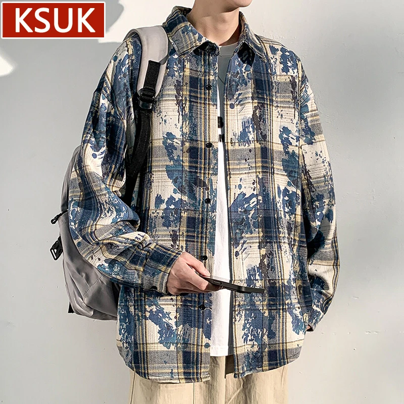 KSUK复古格子长袖衬衫男春秋季宽松大码痞帅衬衣百搭潮流休闲外套