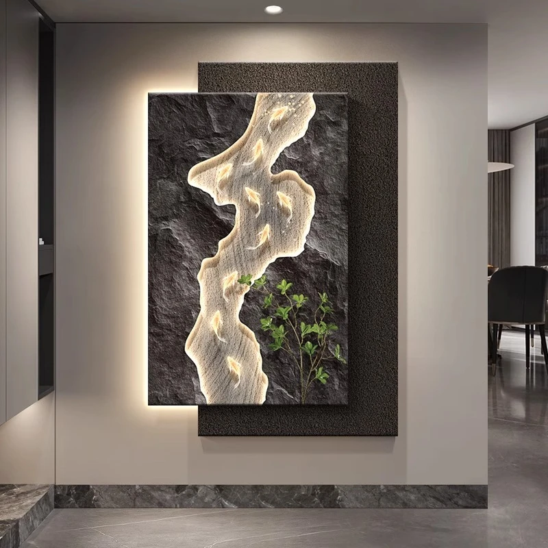 入户玄关装饰画九鱼图轻奢高级感走廊过道挂画砂岩立体感肌理壁画