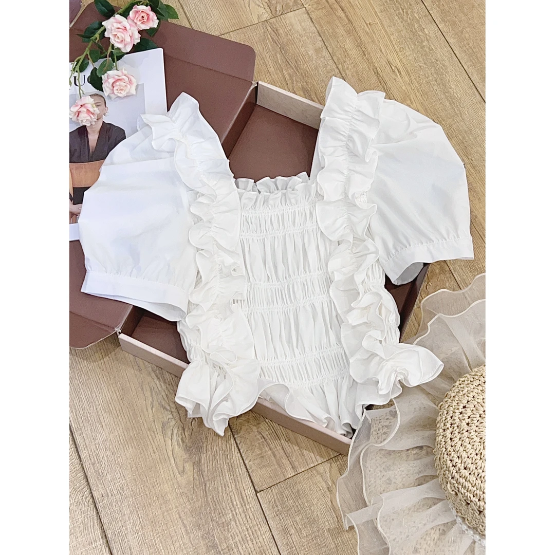 丨夏季新款气质木耳边法式白色泡泡袖衬衫 QJR581