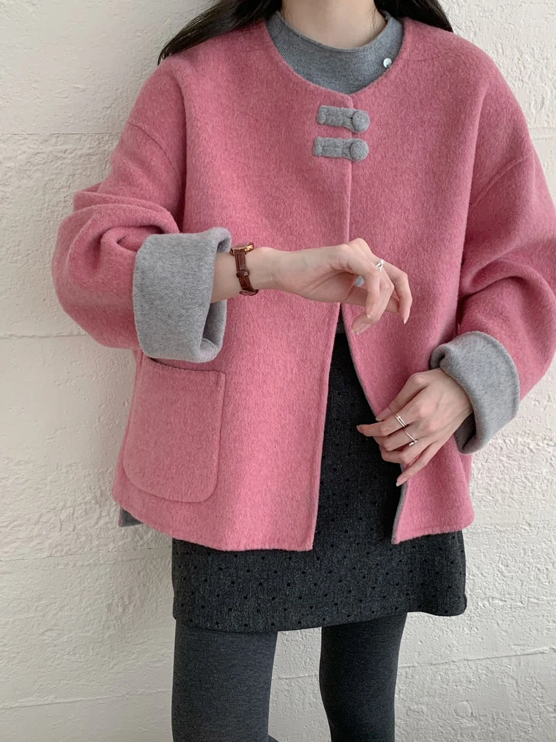 多巴胺新中式双面羊绒大衣女2025秋冬季小个子宽松短款羊毛呢外套
