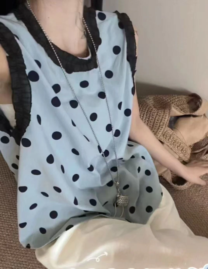 【肉总】时尚百搭圆领无袖花边波点上衣