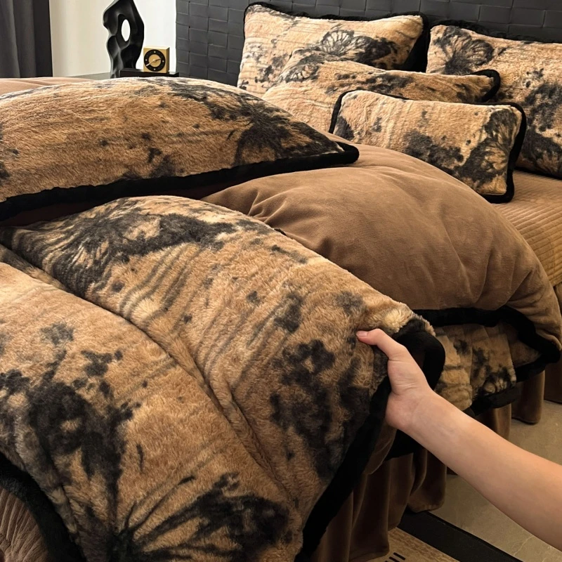 2025新款美拉德印花加厚双面绒四件套珊瑚法莱绒床单三件套床盖款