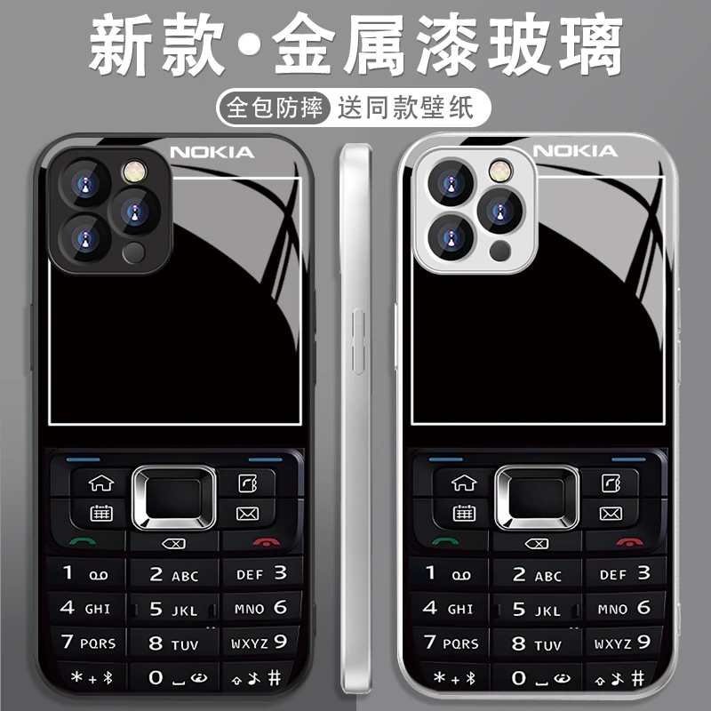 适用于【苹果】13ProMax创意按键诺基亚搞怪男女款玻璃手机壳