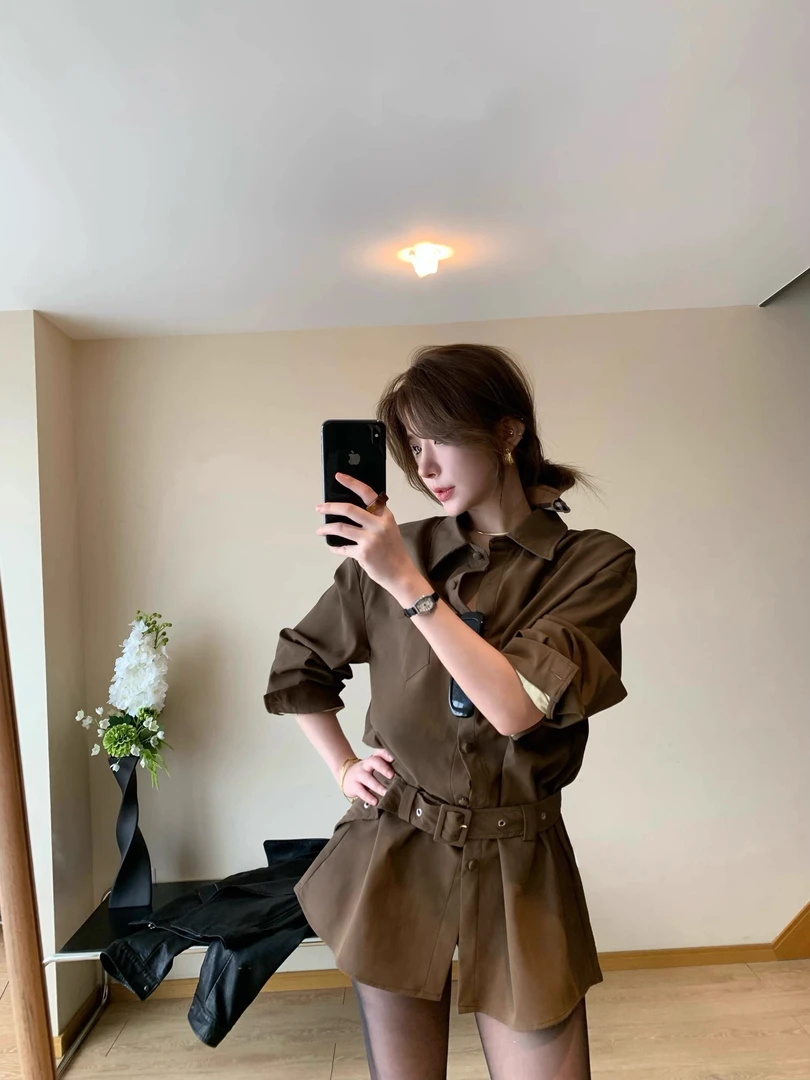 望野集WIdset（焦糖）出游服饰女翻领宽松型复古秋季INS风衬衫9033#