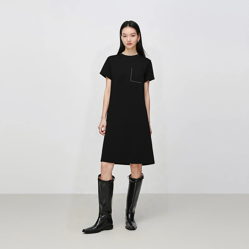 EP雅莹夏季新款女装 简约纯色圆领宽松短袖T恤连衣裙4515A