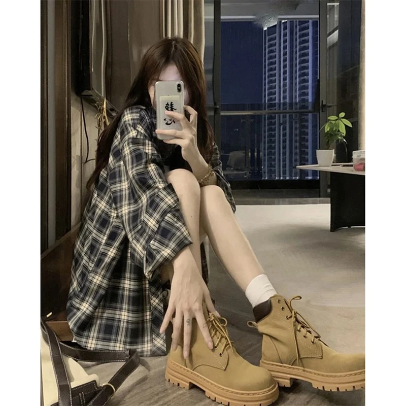 幂式秋季新款复古格纹衬衫女休闲外套长袖小众宽松衫衬衣港味女装