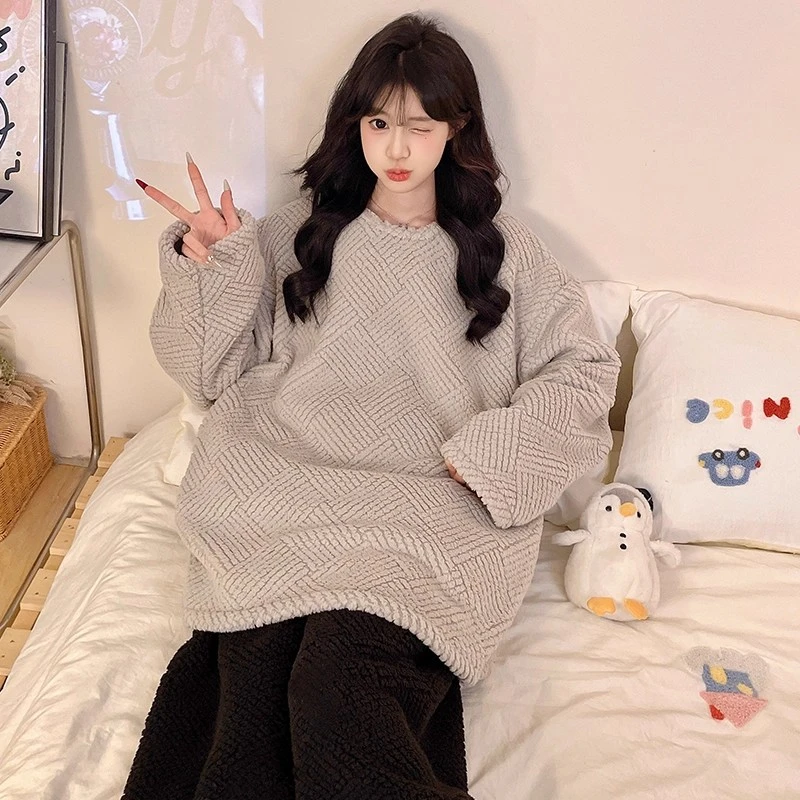 珊瑚绒睡衣女新款秋冬季加绒加厚保暖2025新款简约纯色家居服套装