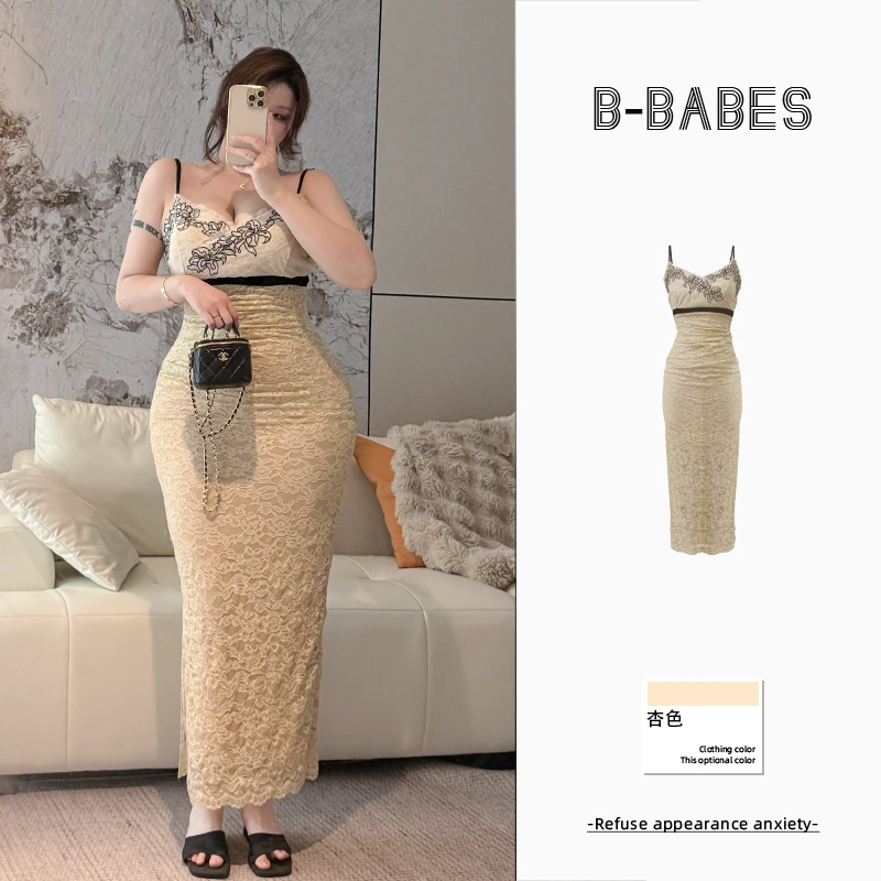 B-babes【美人如月】气质款国风新中式刺绣微胖显白吊带蕾丝中长裙