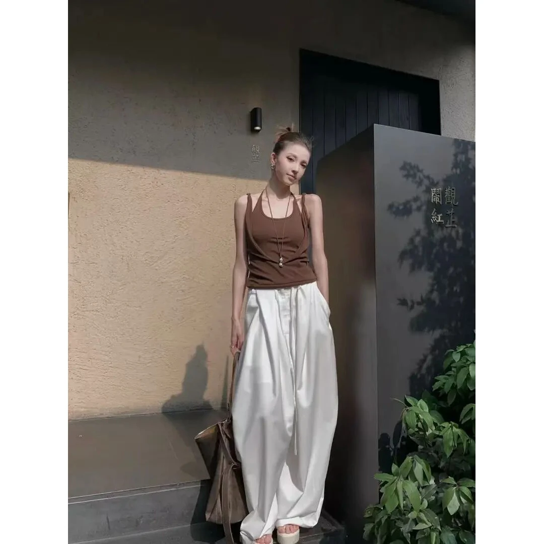 时尚洋气休闲服假两件吊带背心上衣女夏季高腰宽松休闲阔腿裤套装