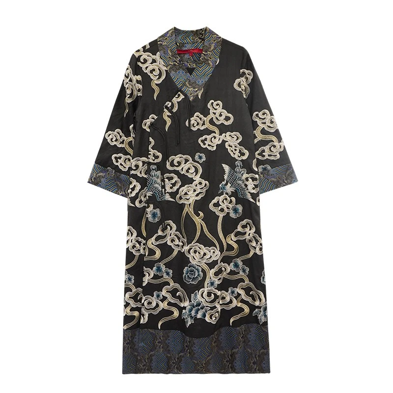 娑尔100桑蚕丝黑白凤凰牡丹刺绣香云纱连衣裙SF3WB00448