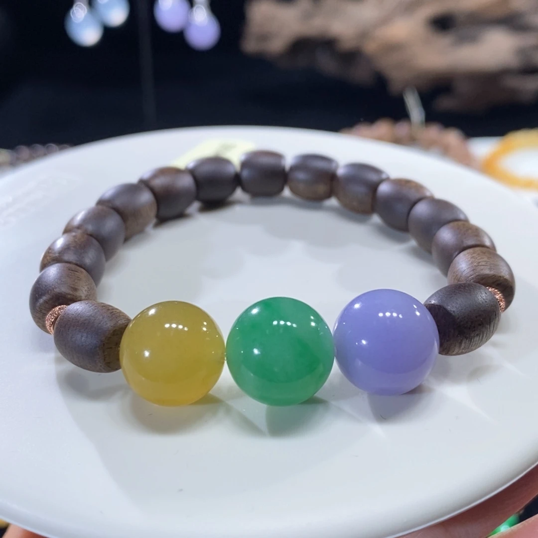 翡翠未镶嵌颈饰翡翠浓三彩圆珠手串12+mm