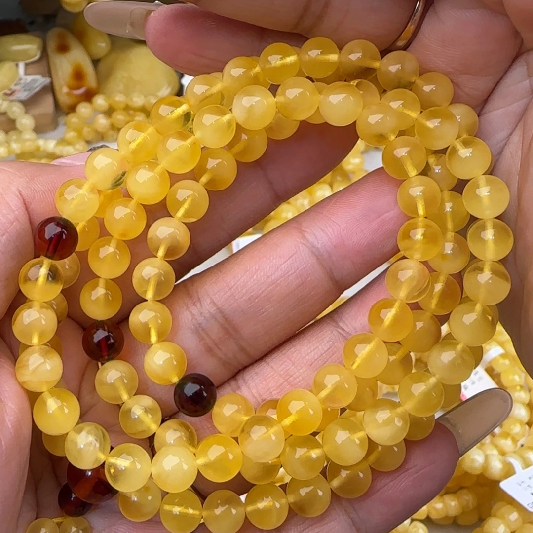 蜜蜡未镶嵌手链鸡油黄聚宝盆佛珠