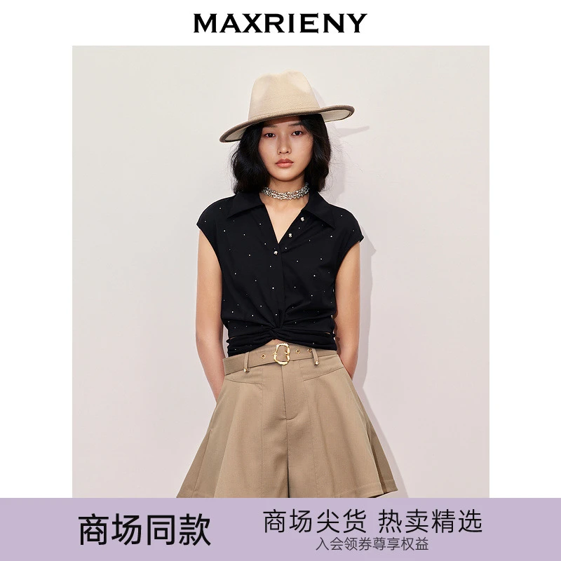 【老板娘夏天】MAXRIENY烫钻绑带上衣腰部镂空小众设计气质女装