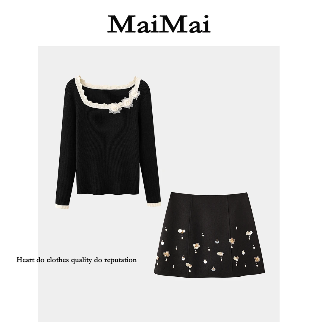 【璀璨星河】Mai Mai◆针织开衫长袖秋季新款韩系碎花半身裙两件套