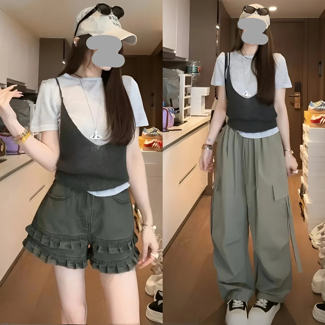 2025夏季新款时尚韩版冰丝吊带短袖T恤百搭休闲工装裤气质套装女