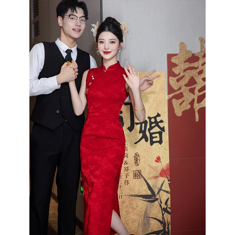 敬酒服新中式新款回门便装修身新娘旗袍订婚2025酒红色礼服结婚女