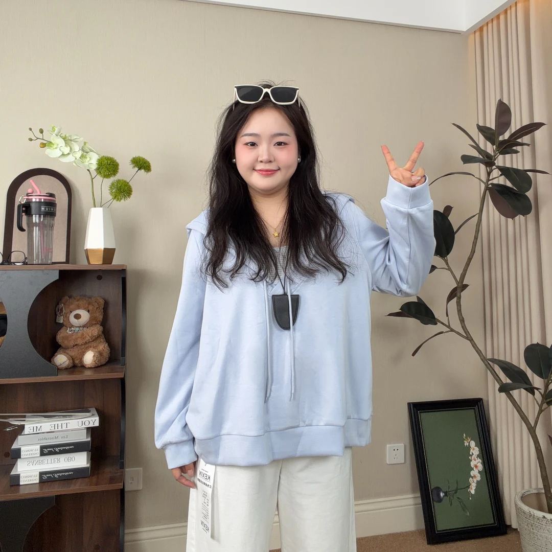 秋款新款真两件休闲风时尚百搭时尚连帽套头休闲秋冬长袖上衣9252