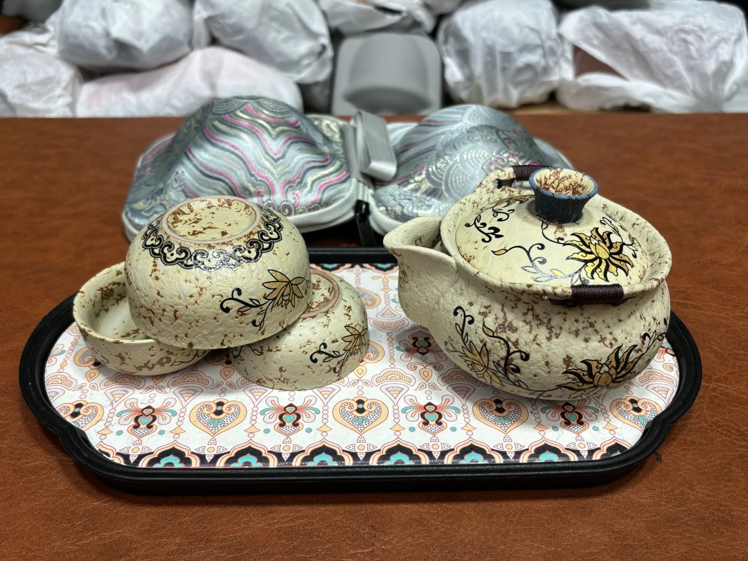 ZH3722-敦煌唐卡茶盘+火石红一壶三杯旅行茶具带包带茶巾