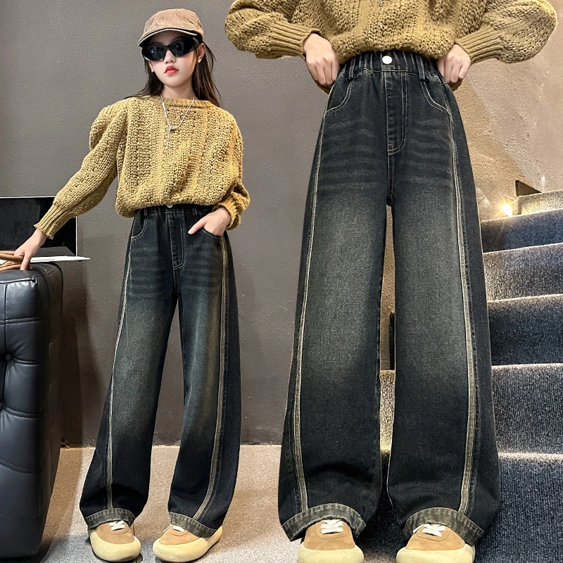 女童裤子秋冬季加绒复古拉条牛仔裤儿童潮流拼接弯刀裤6-12岁童装