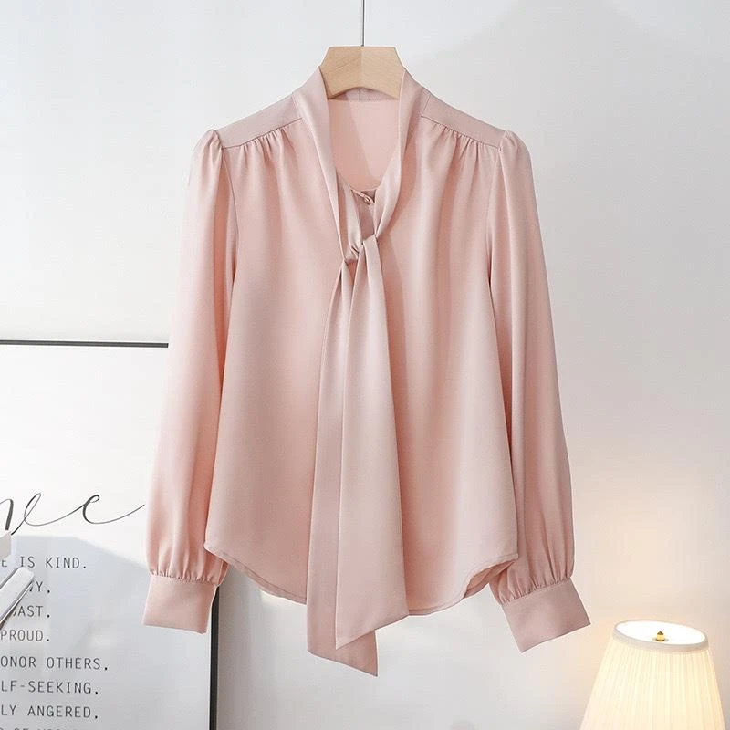 粉色系带通勤衬衫女高端温柔气质上衣飘带蝴蝶结衬衣长袖内搭秋季