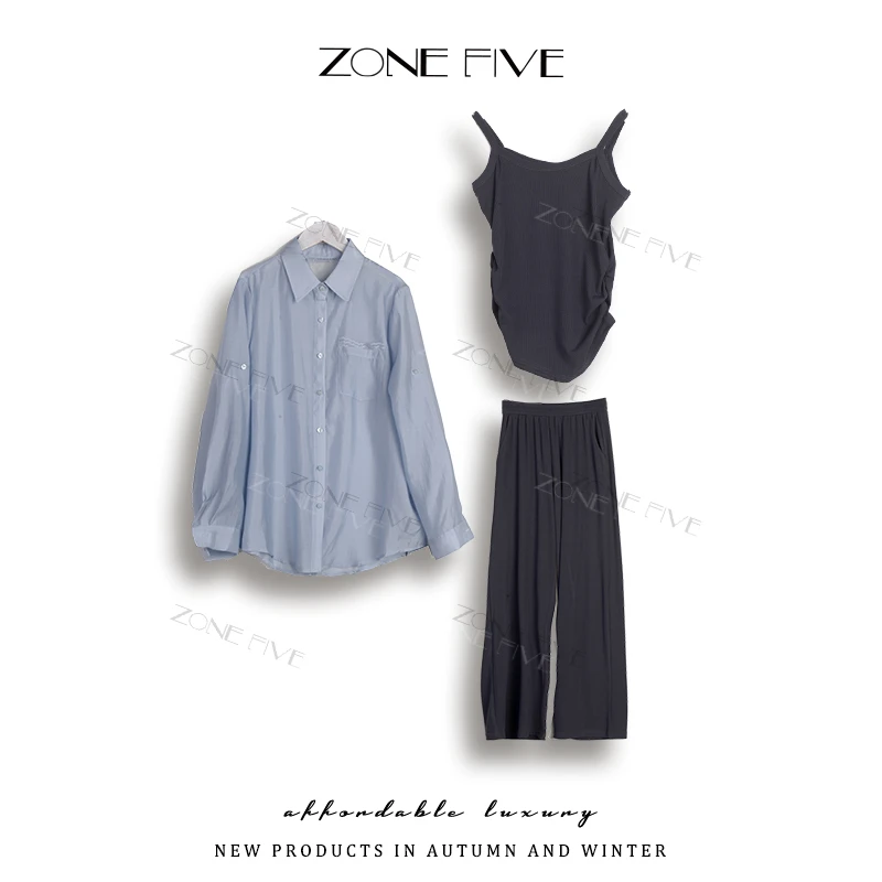 【zonefive】2025夏款气质蕾丝边衬衫背心长裤三件套2551851