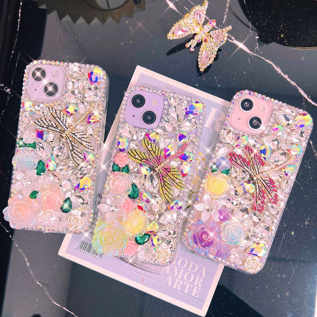 适用苹果/华为/OPPO/VIVO/小米手工DIY蜻蜓花朵镶满钻手机壳女款