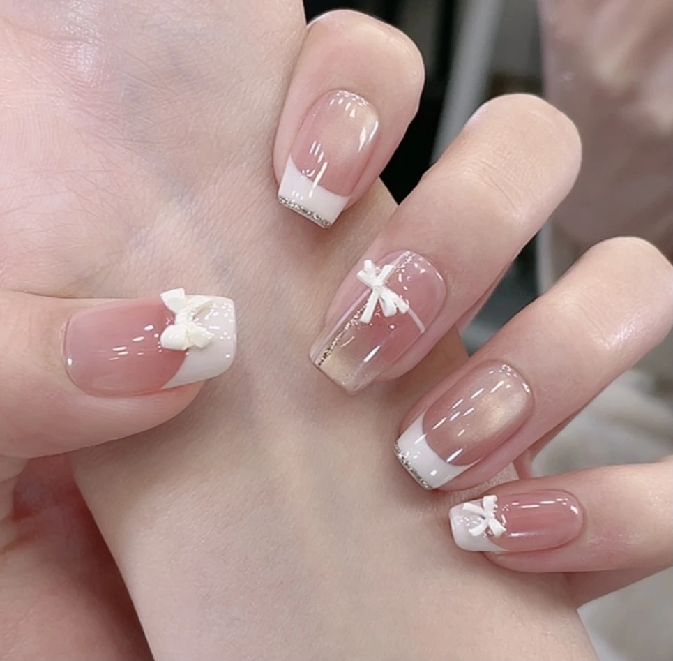 【微甜少女】春季感美甲纯欲猫眼白色蝴蝶结显白纯手工穿戴甲甲片