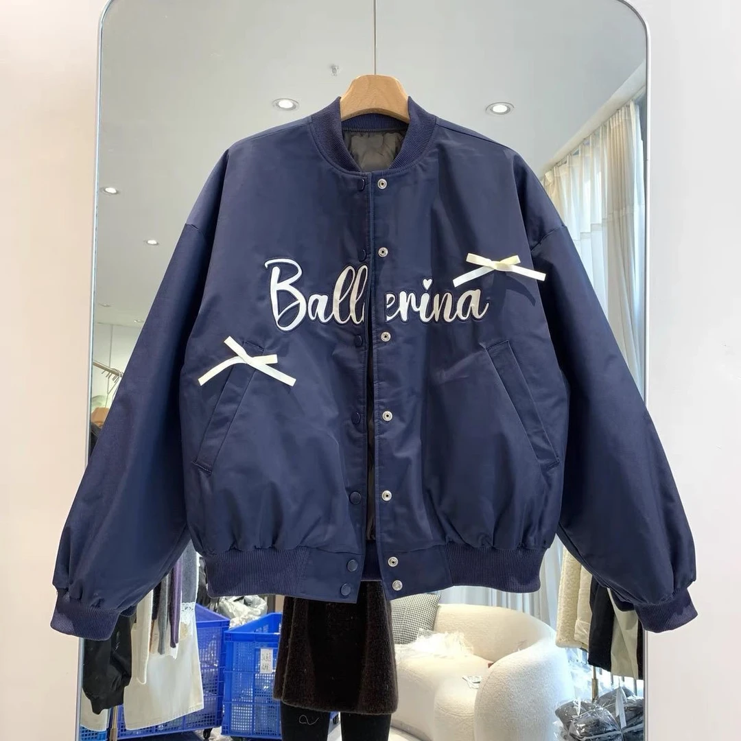 欧洲站2025新款春秋时尚甜酷风撞色字母印花蝴蝶结爆款外套棒球服