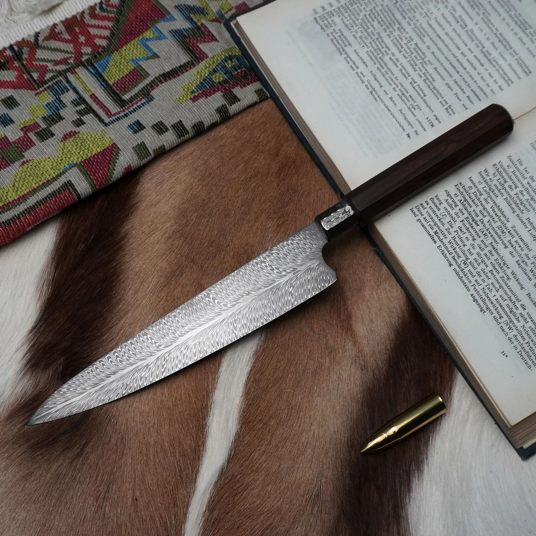 留金艺术羽毛纹大马士革钢户外多功能水果刀