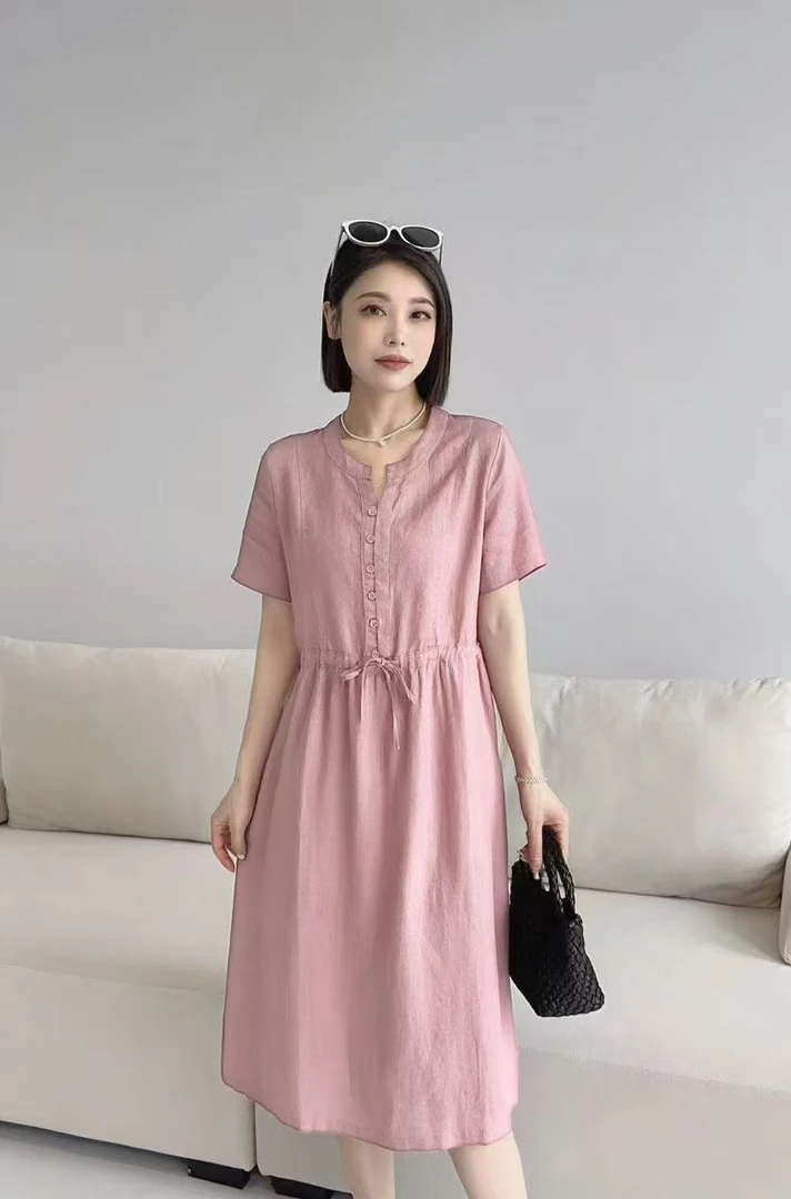 【亚麻】V领连衣裙女装长裙中长款纯色遮肉极简风法式显瘦夏季2507