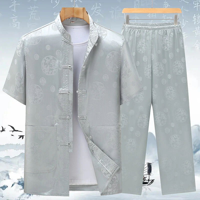 唐装男中老年冰丝短袖夏季薄款中国风爸爸装夏装套装老人爷爷衣服