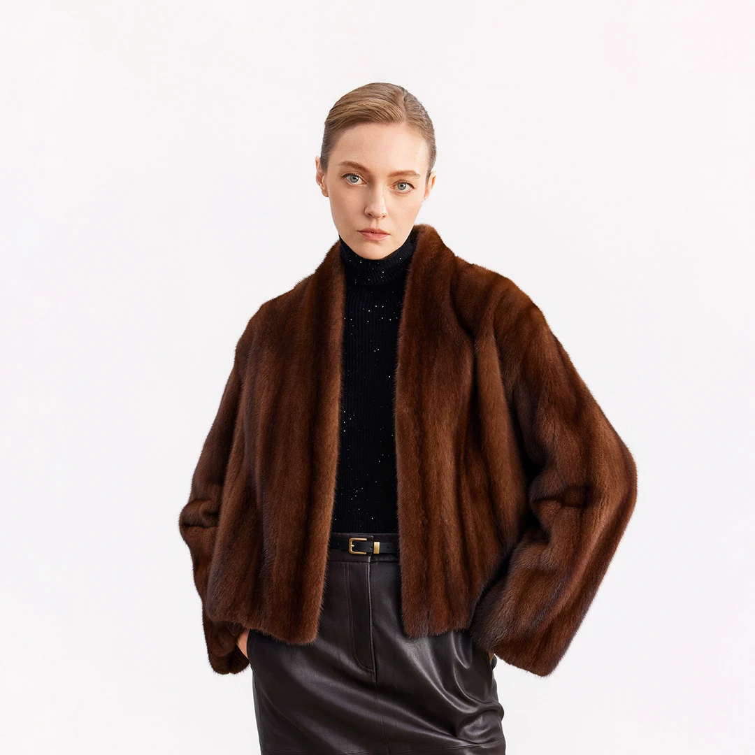 QIQIFUR 短款V领水貂皮草外套女新款巴恩风气质复古宽松貂皮上衣