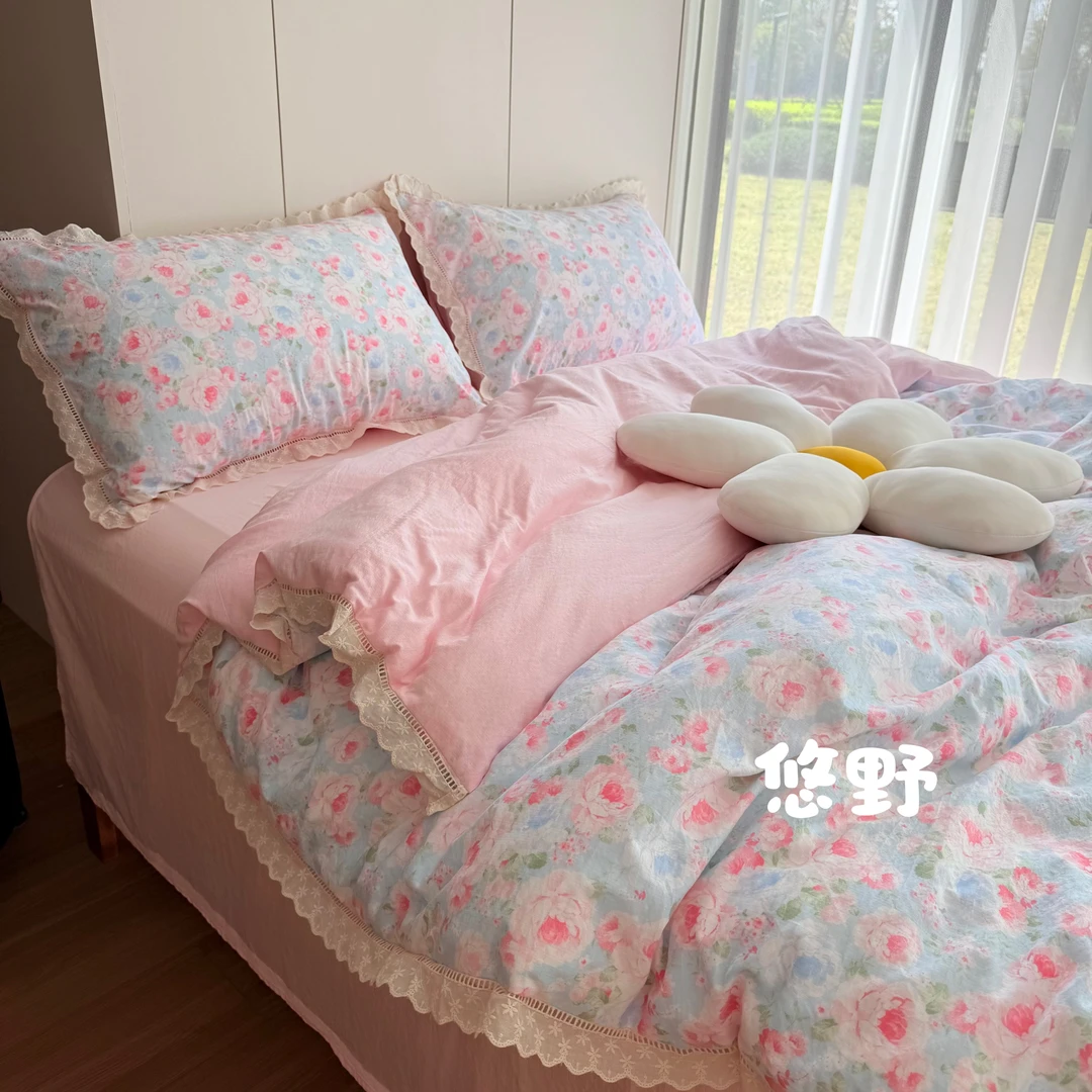 悠野-春夏皱皱纱双层纱花边床上四件套被套床单韩版套件床上用品