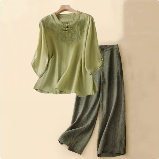 洋气妈妈宽松亚麻两件套夏季新中式国风七分袖刺绣棉麻衬衫套装女