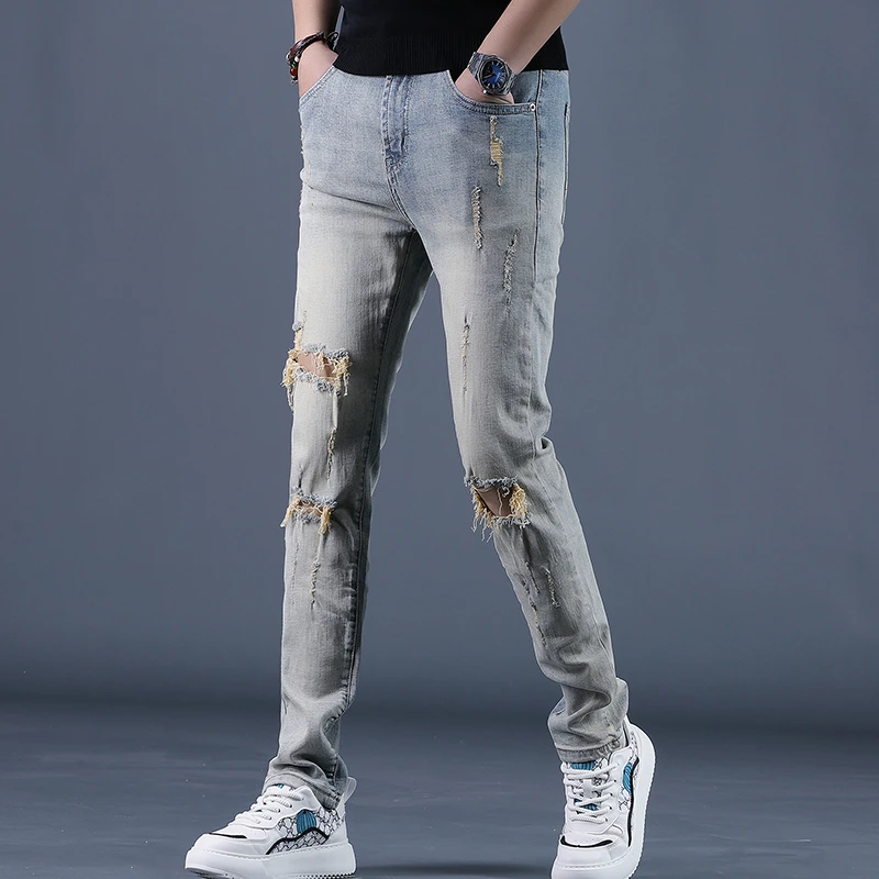 2025新款春夏季复古乞丐破洞牛仔裤男宽松直筒韩版休闲男士长裤子