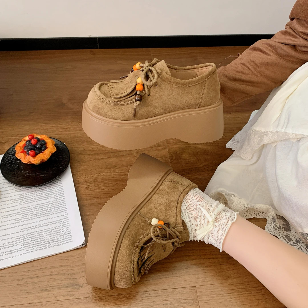 复古厚底秋季学生串珠乐福鞋松糕跟单鞋英伦风系带圆头皮鞋百搭