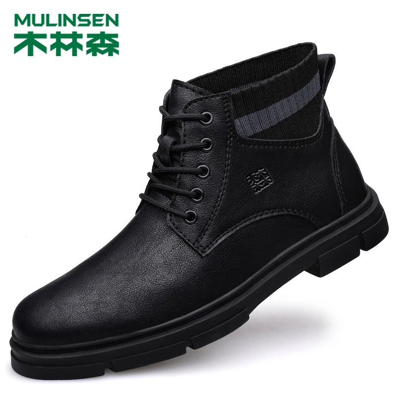木林森马丁靴男秋季新款真皮男士休闲中帮皮靴子加绒工装高帮男鞋