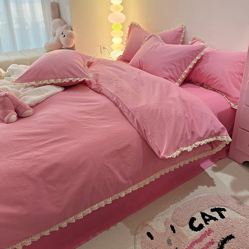 全棉水洗棉床上用品四件套花边纯棉被套床单被罩床上枕头套