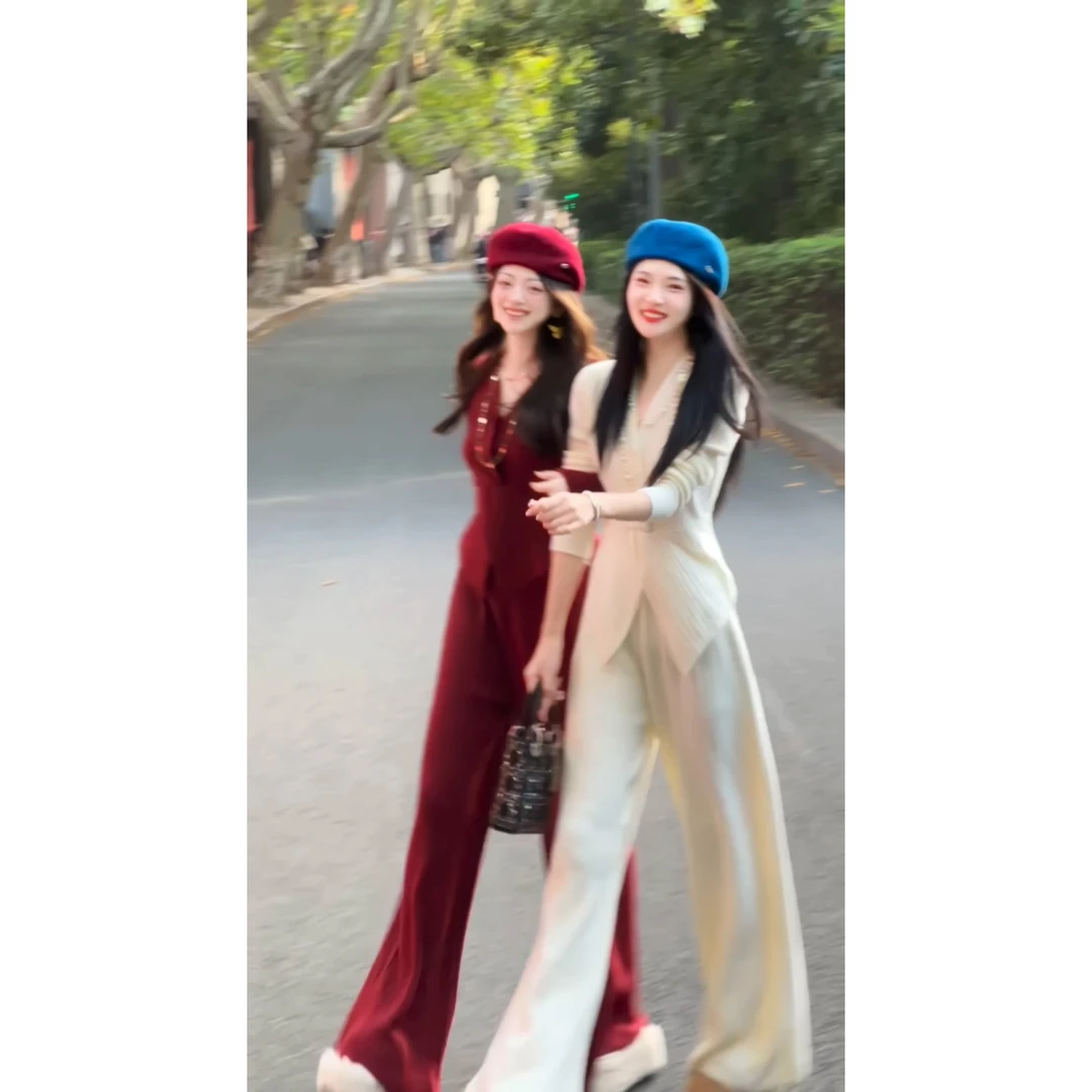 JCC【气质女神+运补6】慵懒风套装女气质V领长袖上衣阔腿裤套装-夏