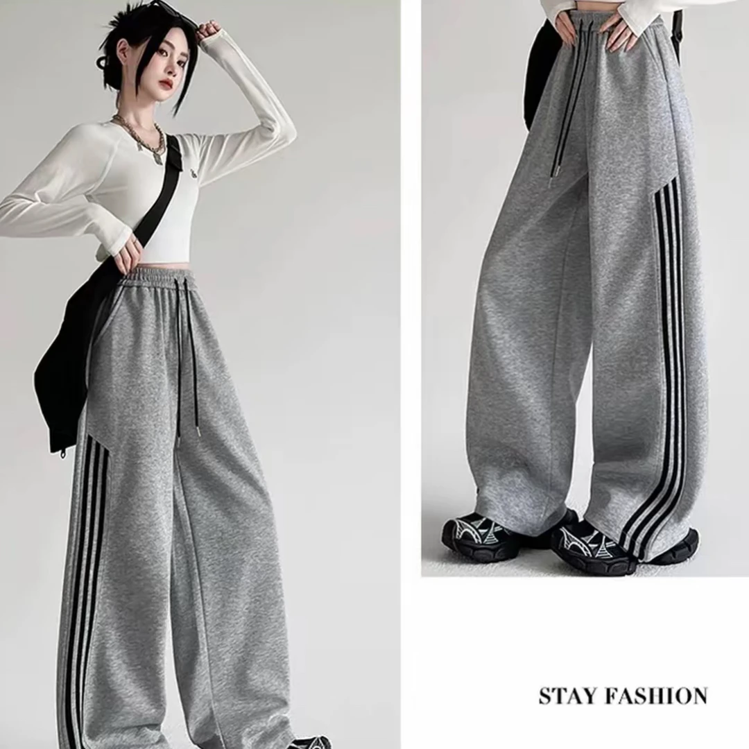 新款男女潮欧美风秋季三线条纹休闲束脚直筒长裤002