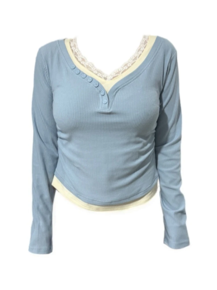 Amy家 微胖mm纯欲风蕾丝拼接针织T恤女秋冬假两件内搭打底衫上衣